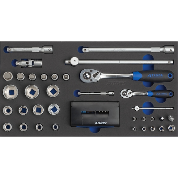 Hard foam insert equipped with tools socket wrench set 1/2"-1/4"
