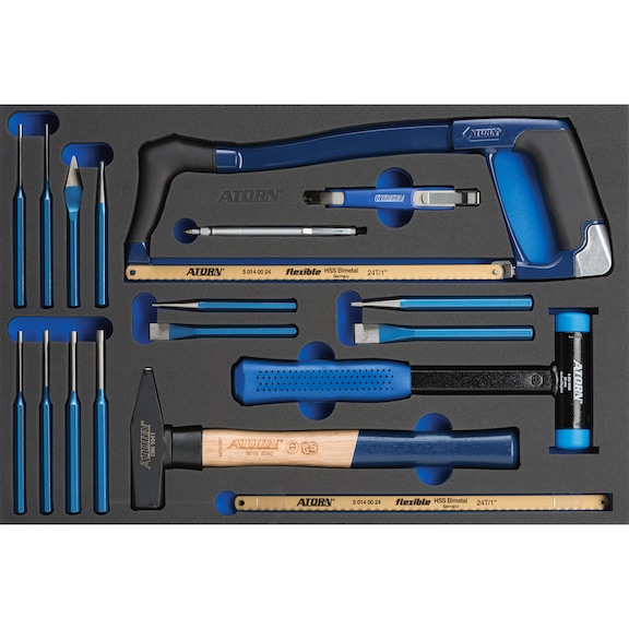 Hard foam insert equipped with tools, hammer, saw, chisel set