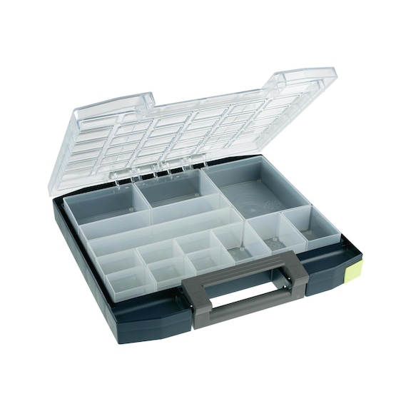 Sortimentový kufr RAACO, DxŠxV 354x323x55 mm, s 14 vanami - Sortimentová krabice s&nbsp;vyjímatelnými vložkami s&nbsp;přihrádkami