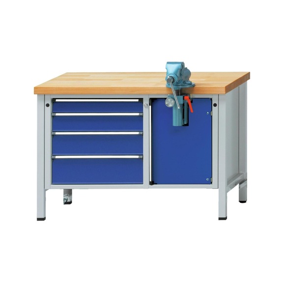 ANKE workbench, model 707 V, solid beech, mobile, 1270x700x850mm, RAL 7035/5010 - Assembly workbench series V, with lowerable transport unit