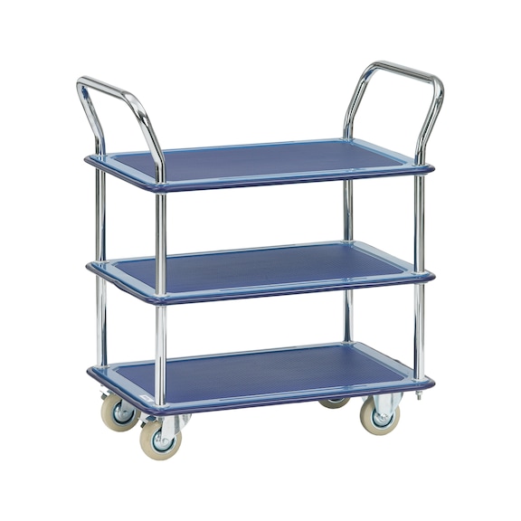 Serving trolley with 3 load areas made of sheet steel