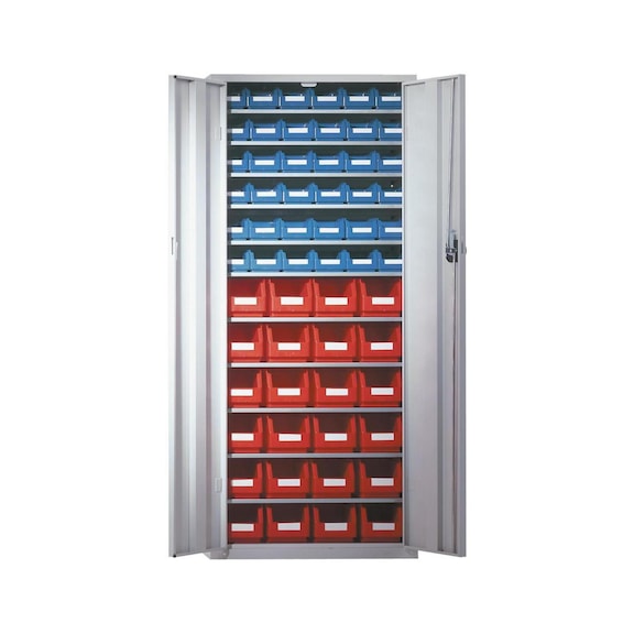 Wing door cabinet equipped with polyethylene easy-view storage bins