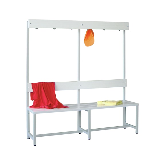 Changing room benches w.backrest, single-side design, length 1000mm total height - Changing room bench with backrest and clothes hooks