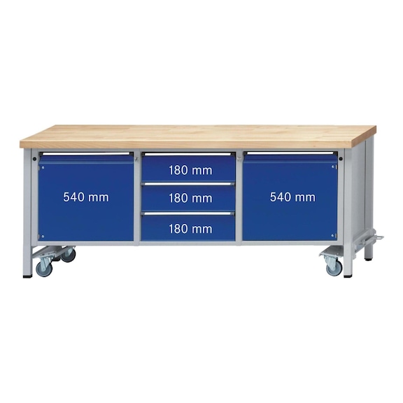 Cabinet workbench, series V 2000 with lowerable wheels