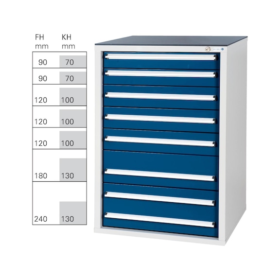 Système d'armoire à outils HK 550S, modèle&nbsp;32/7 avec SCA, RAL&nbsp;7035/5010 - Système d'armoire à tiroirs 550 S avec 7 tiroirs SOFT-CLOSE