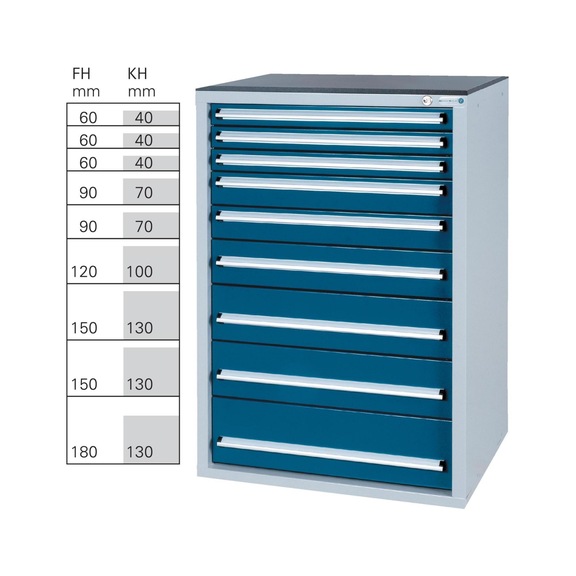 HK tool cabinet system 550S, model 32/9 with SCA, RAL 7035/5010 - Drawer cabinet system 550 S with 9 SOFT-CLOSE drawers