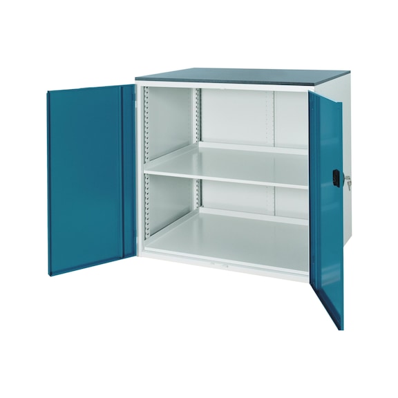 Hinged-door cabinet system 800 B, with doors and shelves