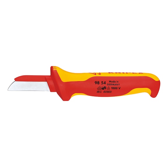 KNIPEX VDE kábelvágó kés, 180 mm, egyenes, pengevédő, 2K markolat - VDE kábel- és lecsupaszító kés