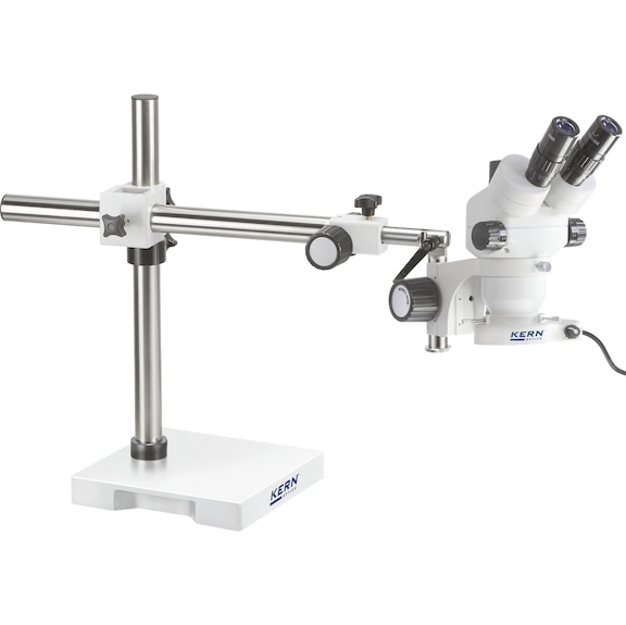 Stereo microsc., trinocular, 7.5x-45x, LED ring light, telesc. tripod with plate - Stereo microscope with telescopic tripod