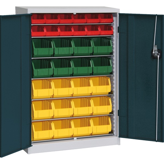 HK polcos szekrény ajtókkal, modell: 1, nyitott tárolódobozokkal, RAL 7035/7016 - Szárnyas ajtós szekrény polisztirolból készült nyitott tárolódobozokkal felszerelve