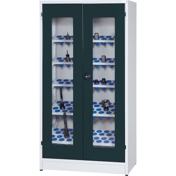 WTS wing door cabinet with viewing window incl. 119 holders HSK 63 RAL 7035/7016 - wing door cabinets fitted with plastic inserts