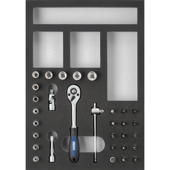 hard foam insert equipped with tools, socket wrench 1/4 inch set