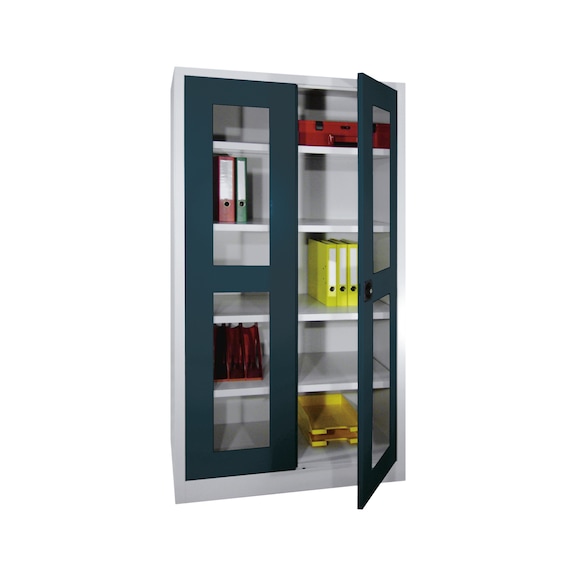 Wing door cabinet, HxWxD 1950x1000x500&nbsp;mm, doors w viewing window, RAL 7035/5010 - Hinged-door cabinet with doors with viewing window, width 1000 mm