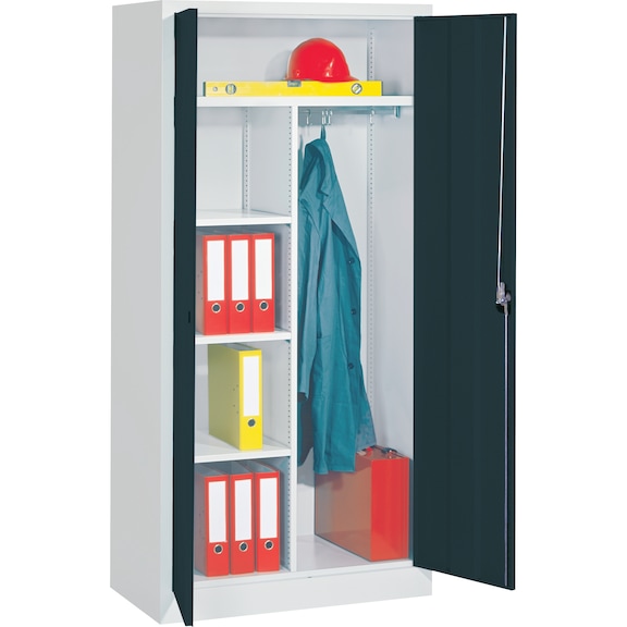 Szárnyas ajtós szekrény, MxSzéxMé 1950x1000x600 mm, válaszfallal, RAL 7035 - Többcélú szekrény ruhatartó rúddal, kalaptartó polccal és polcokkal