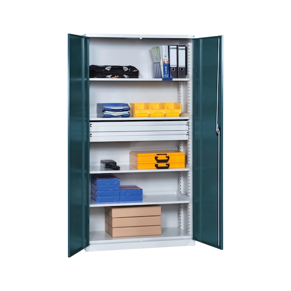 Wing door cabinet with solid sheet metal doors