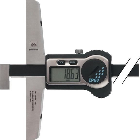 TESA digit. tolómérő, 300 mm, 0,01 mm, TWIN-CAL, IP67, eltolt vezetősín - Elektronikus mélységmérő tolómérő