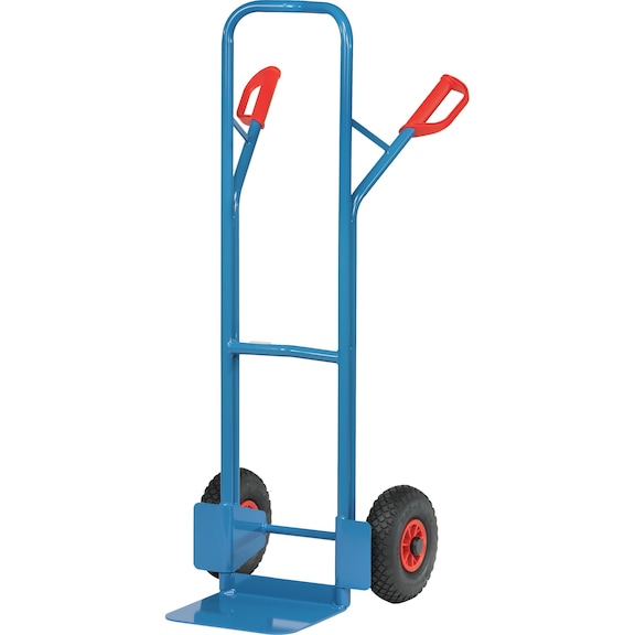 Steel sack truck with curved bar, pneumatic tyres 