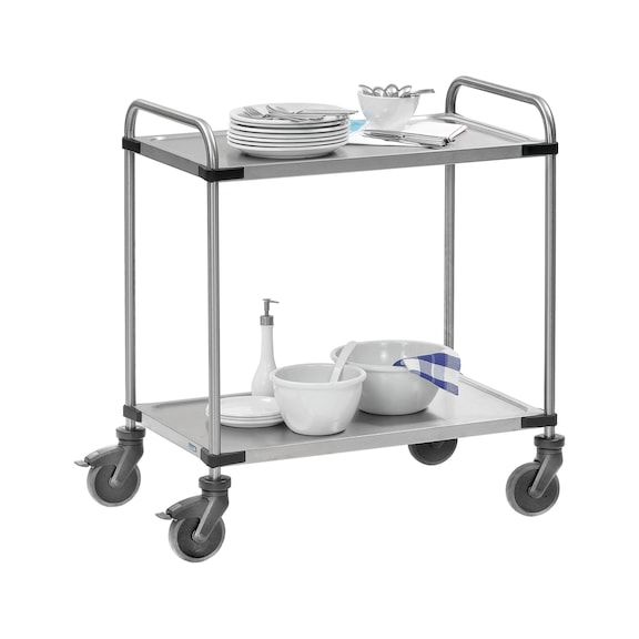 Stainless steel serving trolley with 2 load areas
