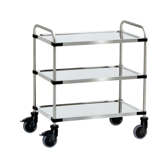 Stainless steel serving trolley with 3 load areas