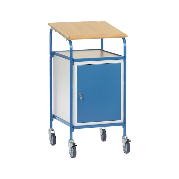 Roller desk 5836 load area 500x600 mm 100kg, w. writing surface & steel cabinet - Roller desk with 1 load areas made of wood
