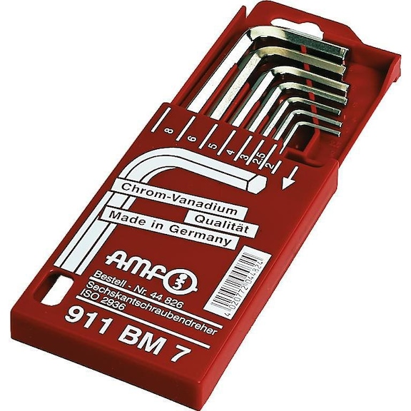 AMF hatszög imbuszkulcs készlet, 7 részes, 2–8 mm, kulcsos dobozban - Hatszögű hajlított csavarhúzó készlet, 7 részes