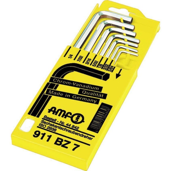 AMF-stiftsleutelset, haaks, 7-delig, 5/64–1/4 inch, in cassette - Haakse zeskantschroevendraaierset, 7 stuks