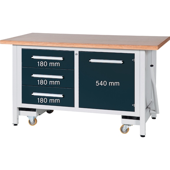 HK workbench, L 1500, lowerable, 1500x750x840mm, RAL 7035/7016, 3 drawers/1 door - Cabinet workbench series L 1500 with lowerable transport unit
