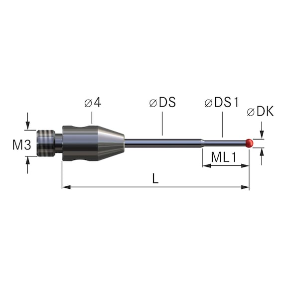 sonda de medición con vástago metal duro M3 bola rubí diám. 0,8&nbsp;mm x L = 22&nbsp;mm - Puntas de sonda con bola de rubí y eje de metal duro
