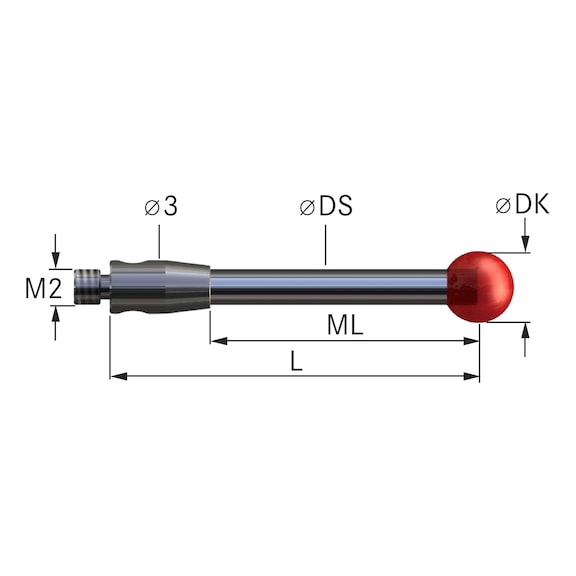 meettaster met CC as M2 robijnkogel, diameter 0,6&nbsp;mm x L = 10&nbsp;mm - Sondepunten met robijnkogel en hardmetalen as