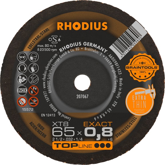Mini disque à tronçonner RHODIUS XT 10 TOP, fin, pr acier inox 65x1,0x6 mm droit - Disques à tronçonner miniatures