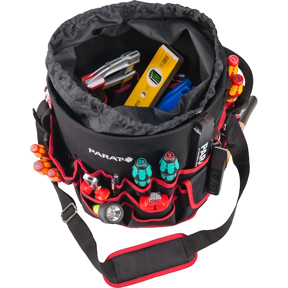 Round tool bag with inside and outside tool compartments