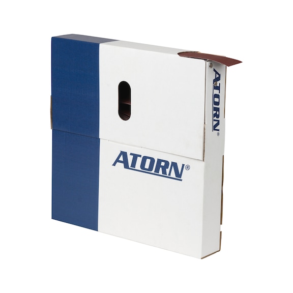 Rouleau toile abrasive ATORN, corindon raf (AO) boîte distrib. K120 40mmx50m - Rouleau économique de toile abrasive ATORN dans une boîte distributrice