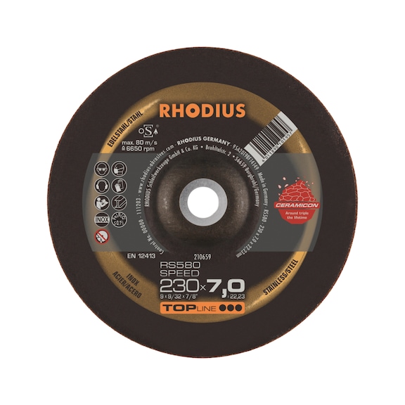 RHODIUS kaba taş. dis. pasl. çel. tip RS 580 SPEED, ser. aş. ta., 230x7x22,23 mm - Paslanmaz çelik için kaba taşlama diski
