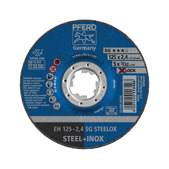 Disco de corte PFERD SG STEELOX 125x2,4&nbsp;mm, diseño acodado - Discos de corte X-Lock para acero/acero inoxidable