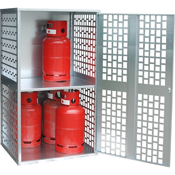 储存 10 个气瓶的气瓶仓库，穿孔门，LxWxH 840x690x1475 mm - 带有穿孔门和侧壁的气瓶储站