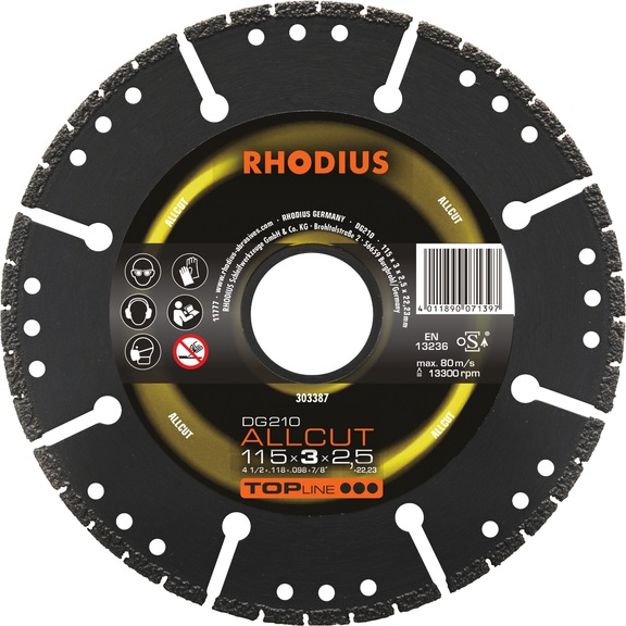 RHODIUS elmas kesme diski, ALLCUT DG 210, 115 mm çap, 115 x 3 x 2,5 x 22,2 mm - DG210 Allcut elmas kesme diski