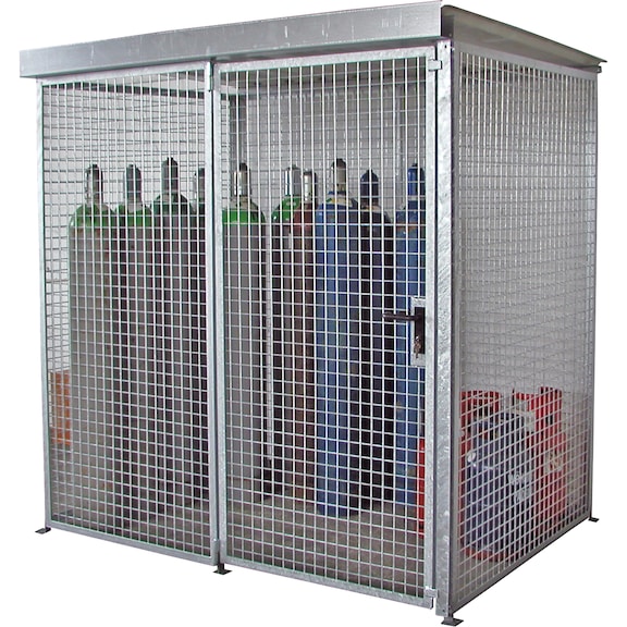 conteneur bouteilles gaz type&nbsp;GFC-M 2/D LxlxH 2&nbsp;100x1&nbsp;500x2&nbsp;160&nbsp;mm, couv. zing. - Conteneur de bouteilles de gaz avec toit, avec une porte battante
