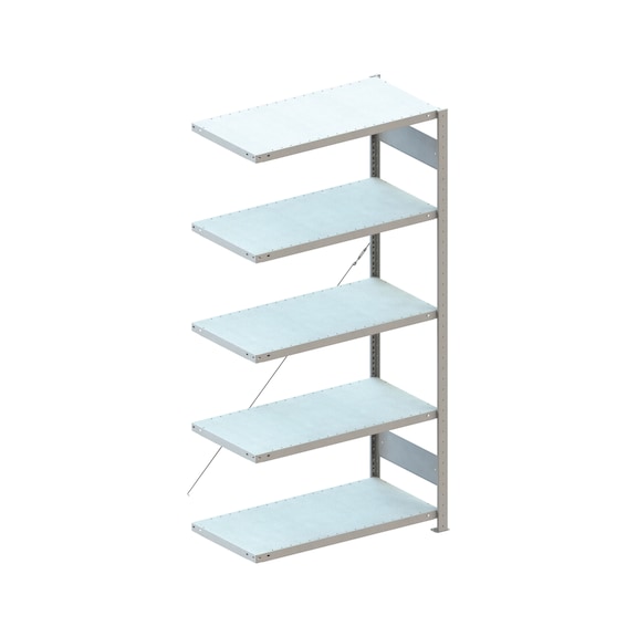 META plug-in rack CLIP 100, RAL 7035, 5 shelves, add-on shelf 2000x1000x500 mm - Shelf boltless rack, single-row