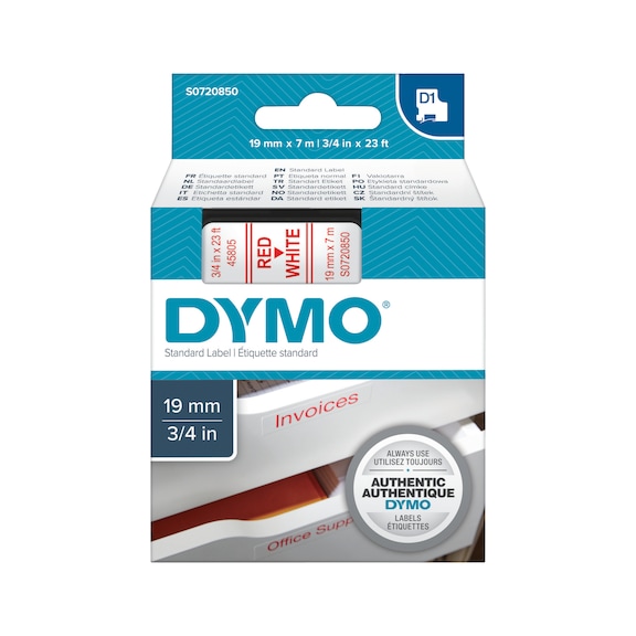DYMO etiketleme bandı, 19 mm x 7 m, beyaz üzerine kırmızı renk - DYMO etiketleme bantları D 1