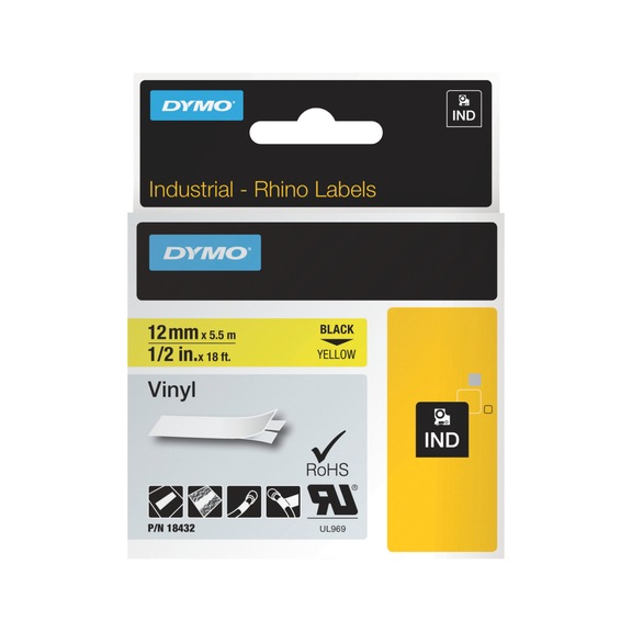 DYMO vinil bant, 12 mm x 5,5 m, sarı üzerine siyah renk - DYMO Endüstriyel etiketleme bantları Rhino