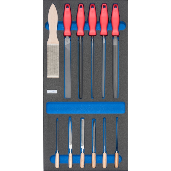 Inserto espuma dura ATORN, juego de limas, 293x587x30 mm, negro/azul - Inserto de espuma dura equipado con herramientas, conjunto de limas