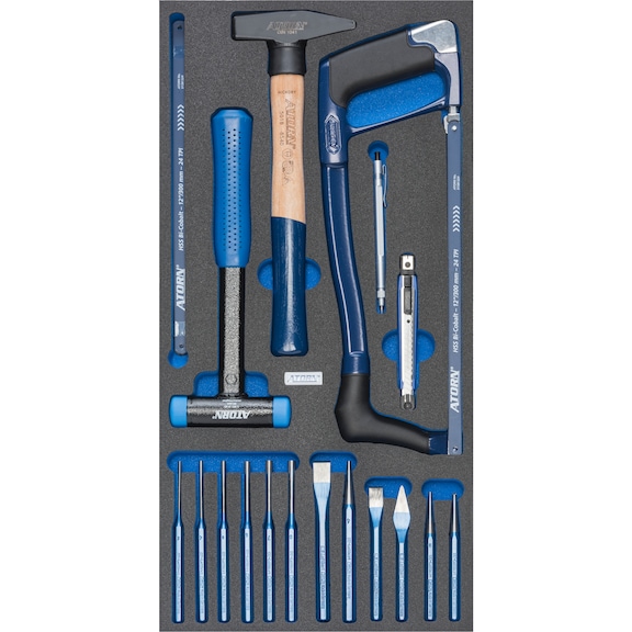 ATORN hardschuiminzet met hamer/zaag/beitel in set, 293x587x30 mm, zwart/blauw - Hardschuiminzet gevuld met gereedschap/hamer/zaag/beitelset
