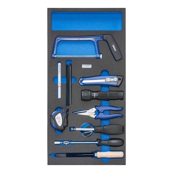 带镜子的 ATORN 硬泡沫衬垫，轻质，293x587x30 mm，黑色/蓝色 - 配备工具、伸缩镜、磁棒、刀具、灯、剪刀和刮刀的硬泡沫衬垫