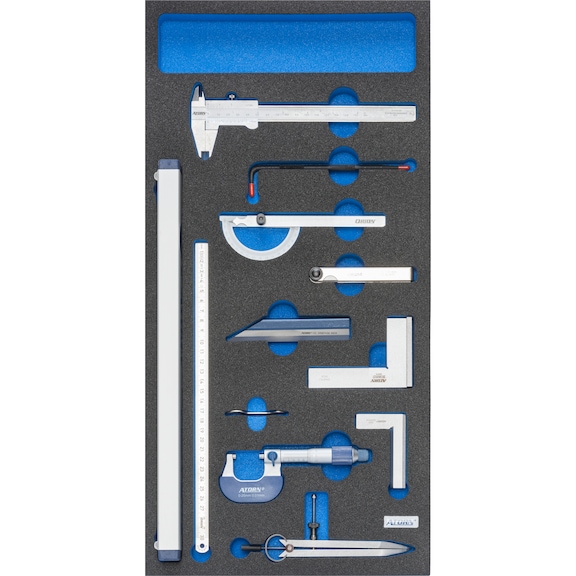 ATORN hard foam insert with meas. equip. set, analogue 293x587x30 mm, black/blue - Hard foam insert equipped with tools, analogue measuring equipment set