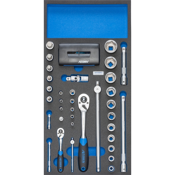 ATORN hard foam insert with socket wrench set, 293x587x30 mm, black/blue - Hard foam insert equipped with tools, socket wrench set, 1/2"+1/4"