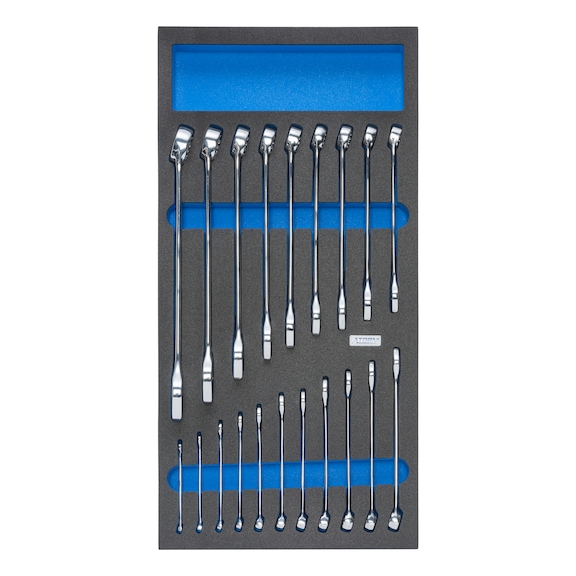 Inserto espuma dura ATORN, juego de llaves comb., 293x587x30 mm, negro/azul - inserto de espuma dura equipado con herramientas, conjunto de llaves combinadas