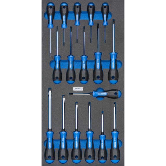 Inserto espuma dura ATORN con juego atorn., 293 x 587 x 30 mm, negro/azul - Inserto de espuma dura equipado con herramientas, conjunto de destornilladores