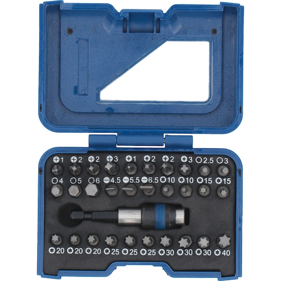 Caja de puntas ATORN 31&nbsp;piezas, ranura, PH, PZ, hex. interior, TX, con soporte - Surtido de puntas en una caja