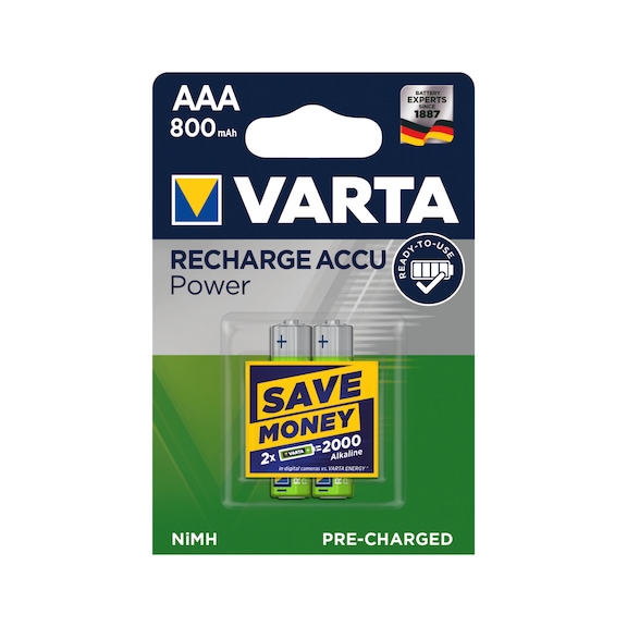VARTA 电池，可充电电源 AAA 型 Micro 吸塑包，2 件 1.2 伏 800 毫安时 Ni-MH - 长寿命充电电池/电源充电电池 AAA