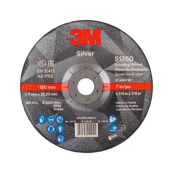 Disco de desbastar grano cerámico 3M Silver, 230x7x22,23mm, acodado, acero inox. - Disco de desbastar Silver